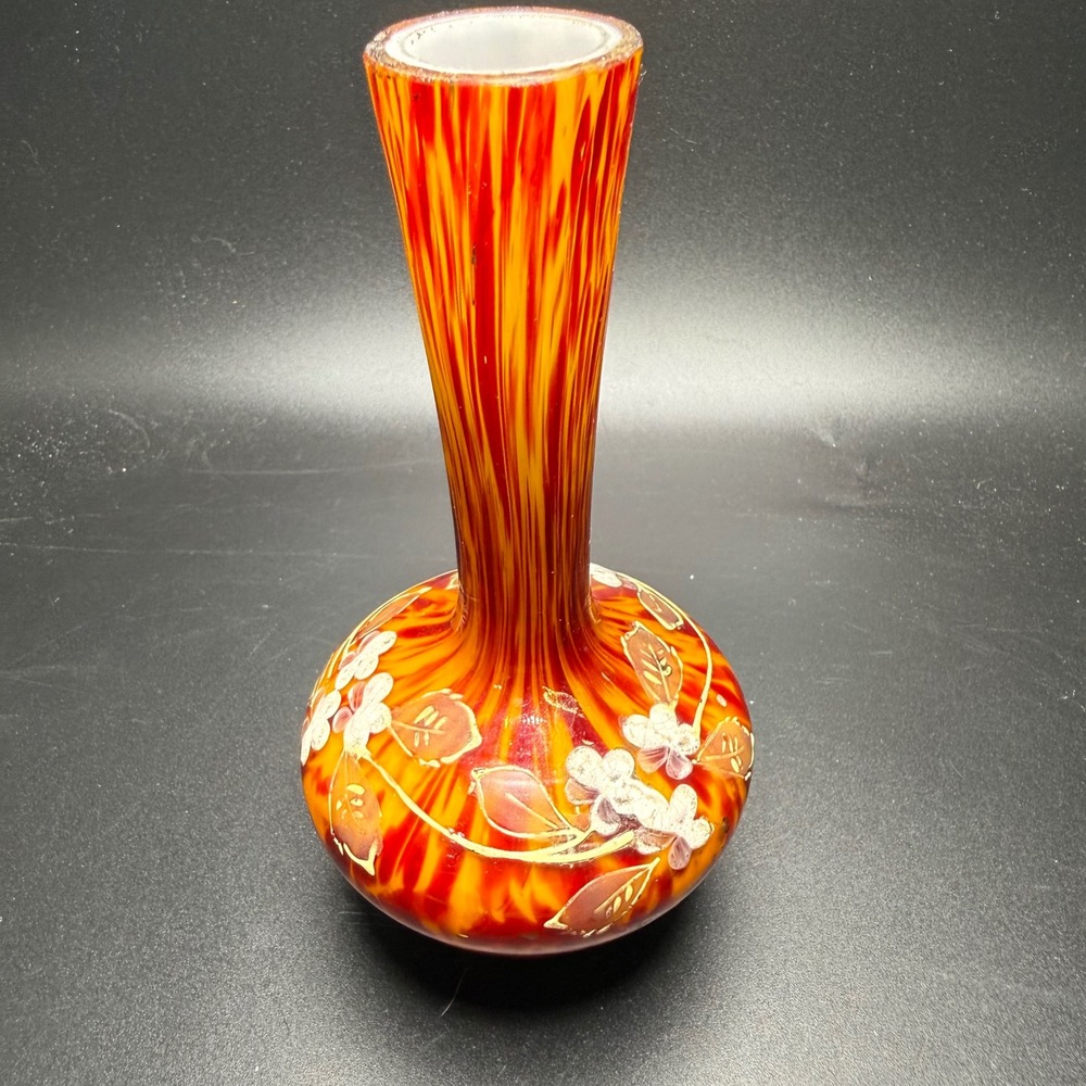 Vintage Hand Blown Art Glass Vase Orange Red Enamel Floral Hand Painted 5.5 inch